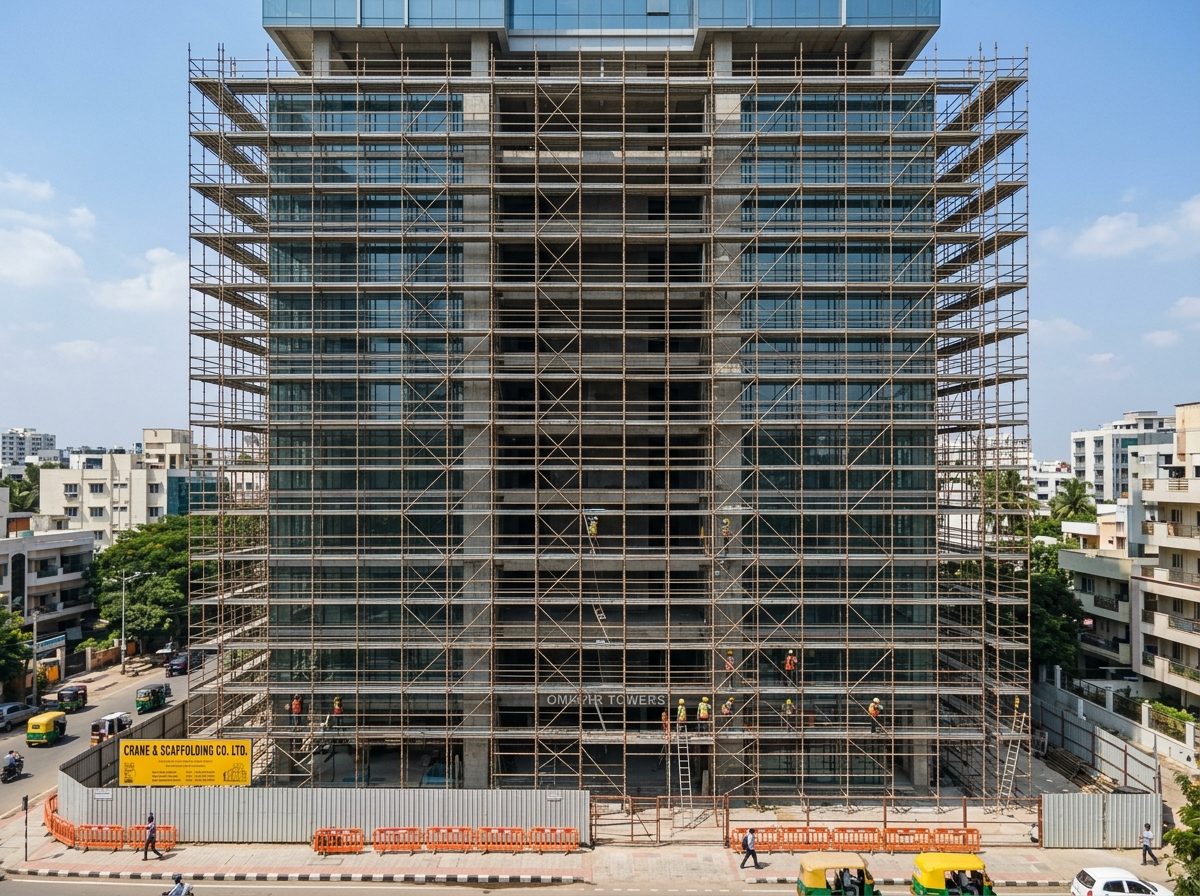 Scaffolding erected across a commercial tower in Bangalore