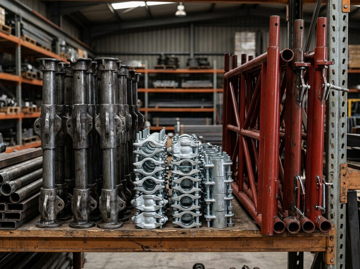 Cuplock standards, forged clamps and H-frames stacked in the Sri Balaji Scaffolding yard