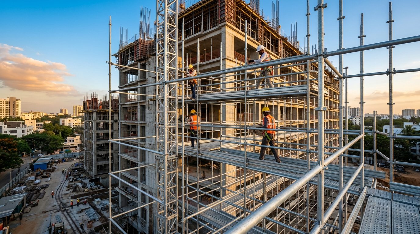 Multi-storey building in Bangalore covered in scaffolding during construction
